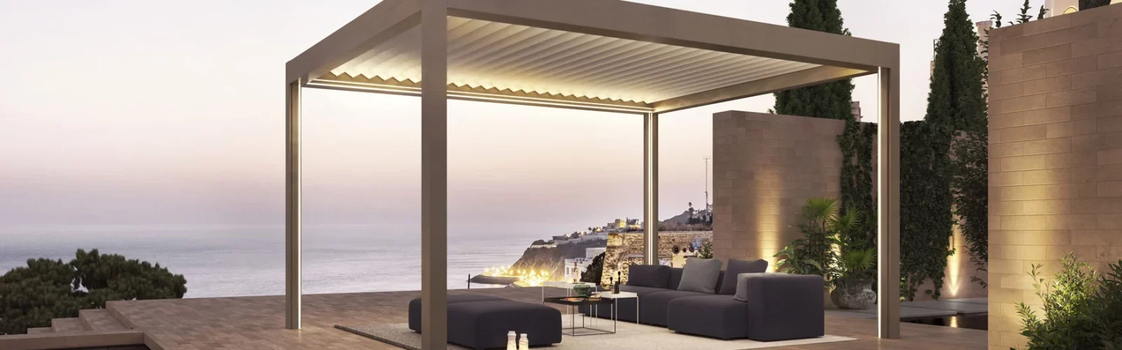 Moderne Terrasse mit stilvoller Überdachung und Lounge-Möbeln